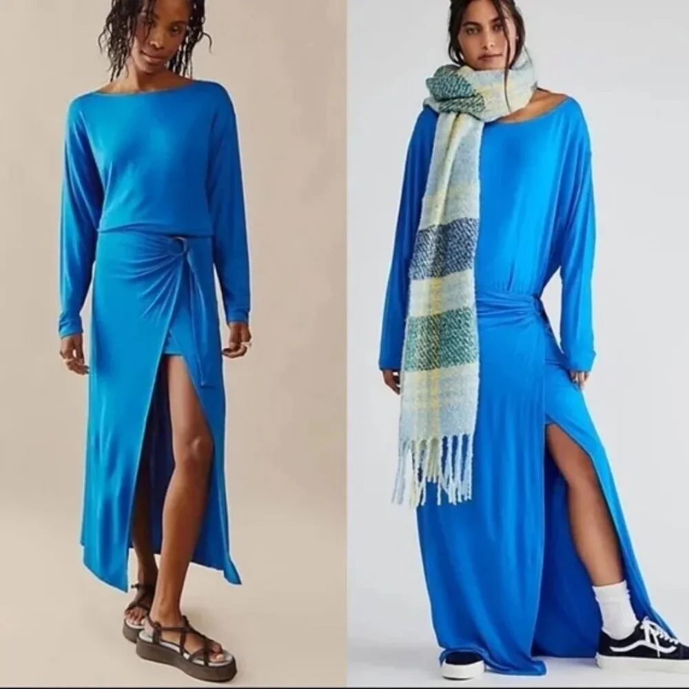 Free People Alyssa Long Sleeve Boho Wrap‎ Maxi Dress Blue Small